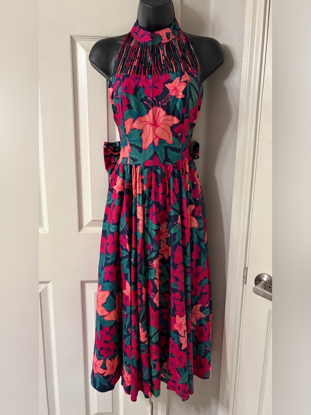 Floral Halter Midi Dress in Teal & Pink with Tie 100% Thai Silk Size 12
